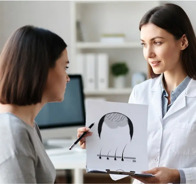Doctor explaining alopecia areata hair loss condition to patient using scalp diagram during consultation