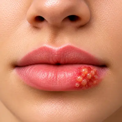 Close-up medical image showing clustered fluid-filled blisters and redness on the lip, a common appearance of oral herpes (cold sores).