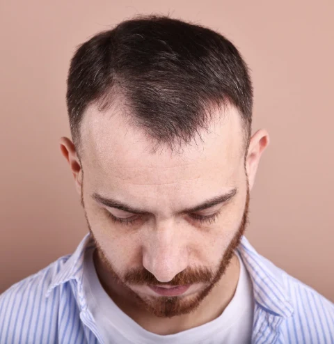 Man with visible hair thinning and receding hairline indicating androgenetic alopecia