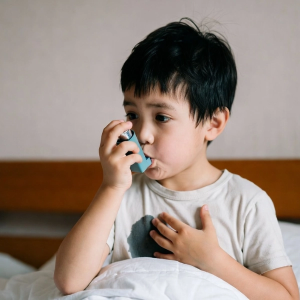 Child using inhaler for asthma relief at home
