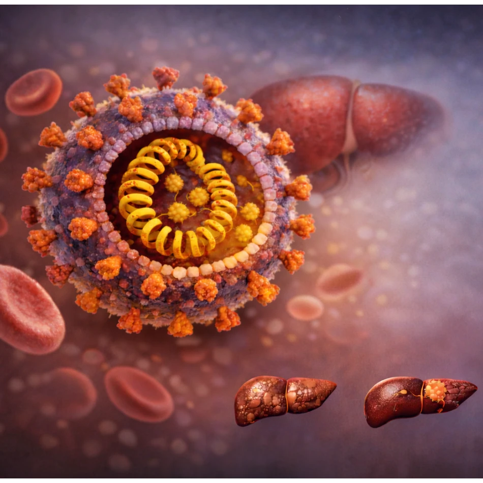 Hepatitis C virus illustration with infected liver stages including cirrhosis, liver cancer, and liver damage