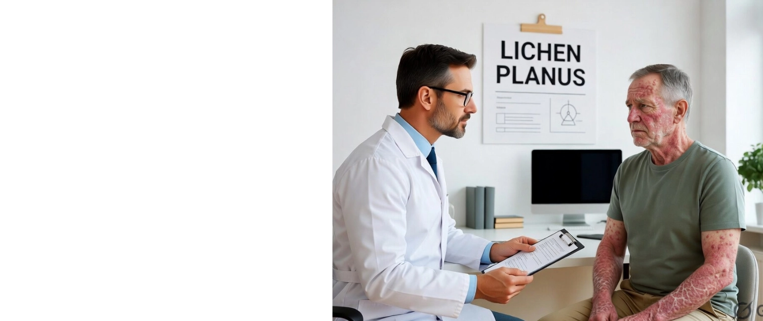 Doctor consulting patient with lichen planus skin condition for individualized homeopathic treatment