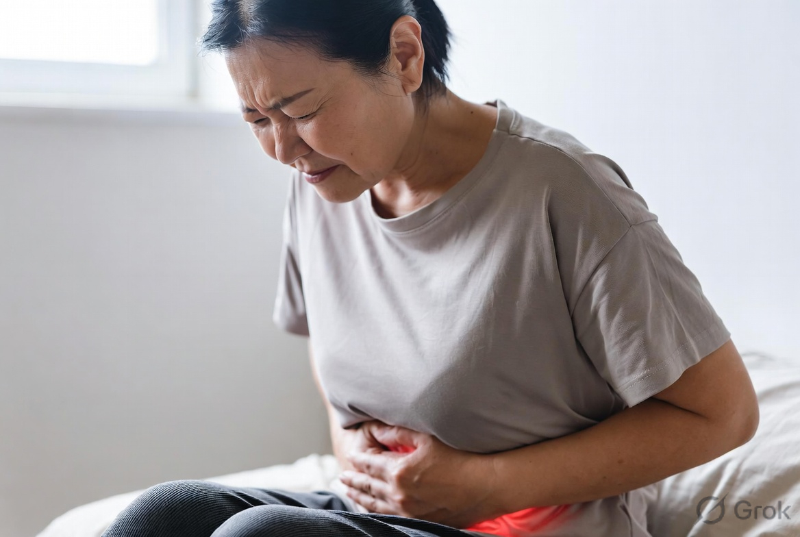 Woman experiencing IBS-D symptoms with abdominal pain and urgency due to diarrhea