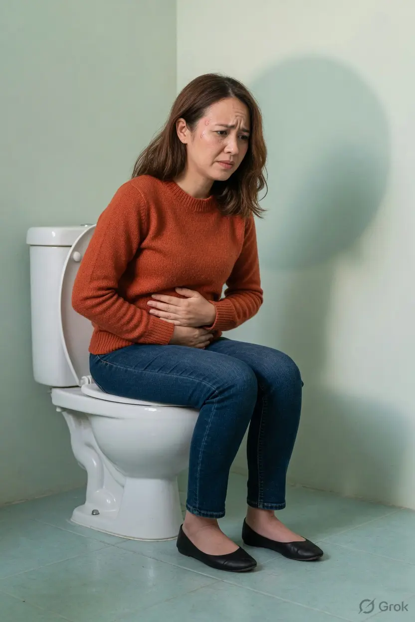 Woman with IBS symptoms sitting on toilet experiencing abdominal pain and bowel discomfort