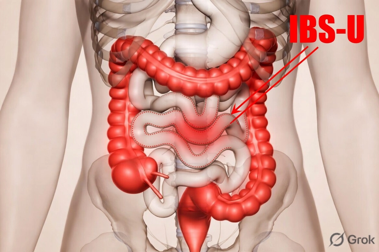 llustration of IBS-U showing intestinal irritation and unclassified bowel pattern in digestive system