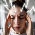 Woman experiencing migraine with aura showing visual disturbances and head pain