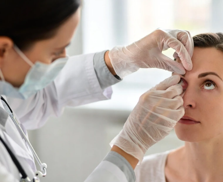 Doctor examining patient eyelid for chalazion and eye swelling