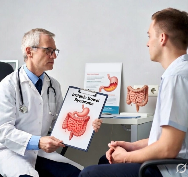 Doctor explaining irritable bowel syndrome to patient during consultation using digestive system chart