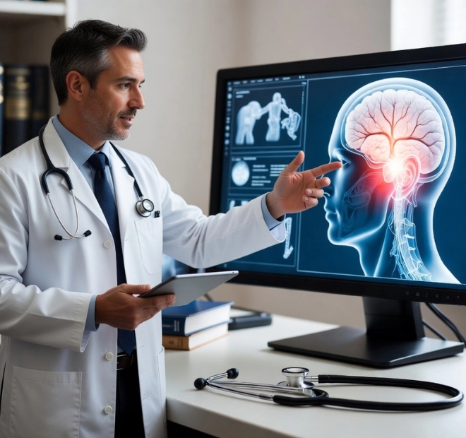 Doctor explaining migraine brain mechanism on screen during clinical consultation