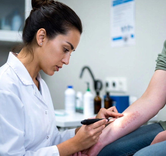 Doctor examining lichen planus skin lesions on patient arm during clinical consultation