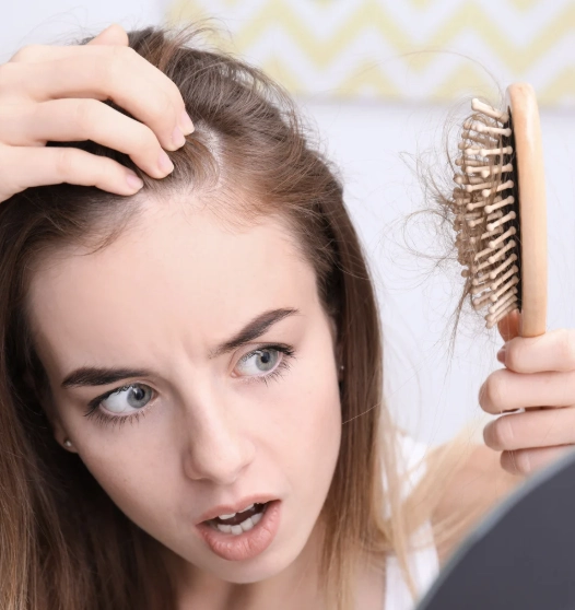 Woman noticing hair loss while holding hair strands in brush indicating traction alopecia
