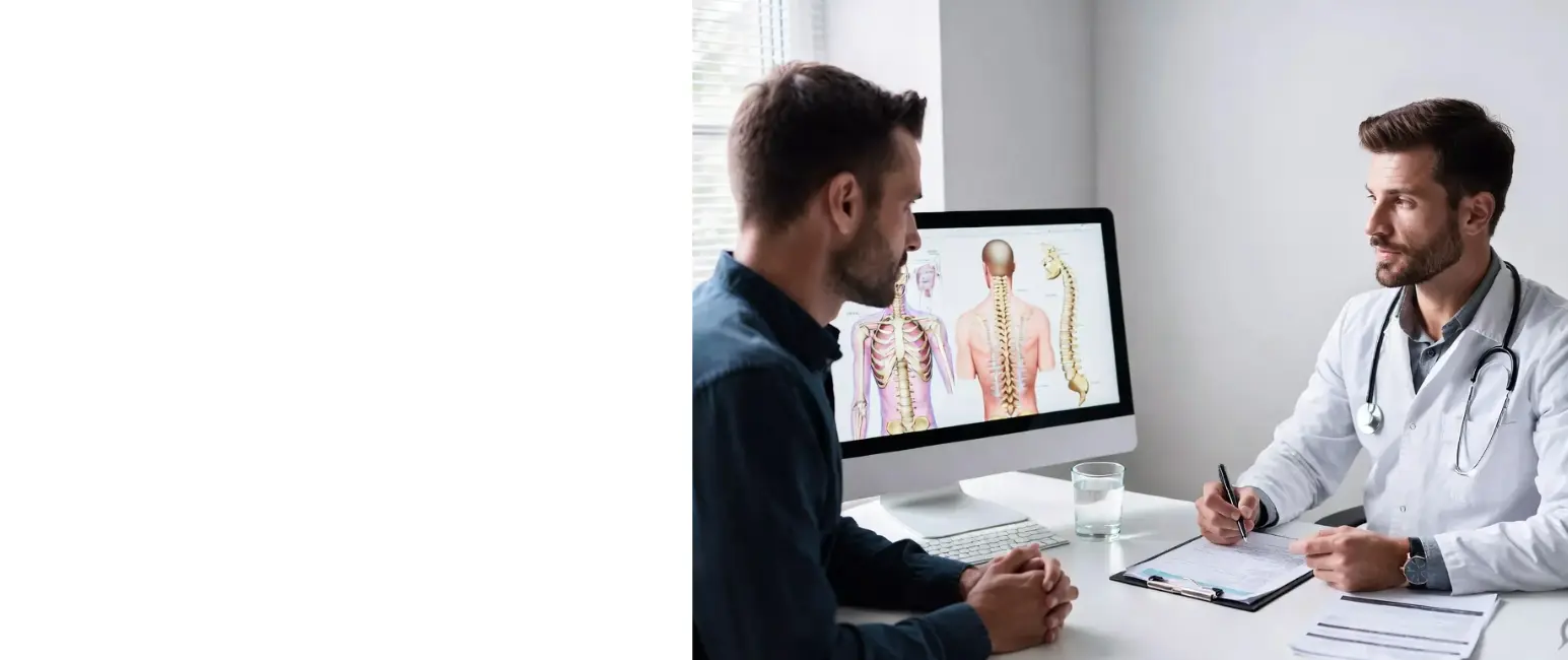 Doctor explaining ankylosing spondylitis spine condition to patient using anatomical illustration on computer screen