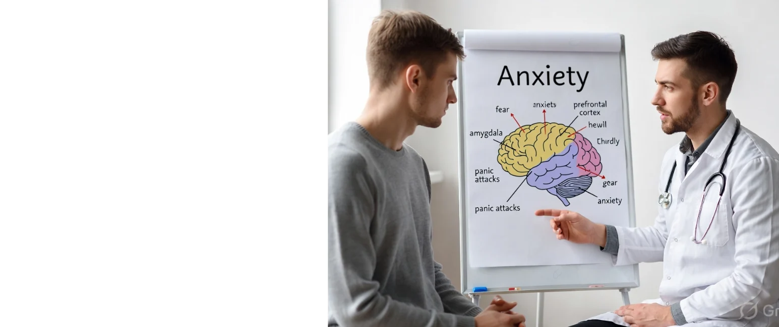 Doctor explaining anxiety disorder with brain diagram to patient