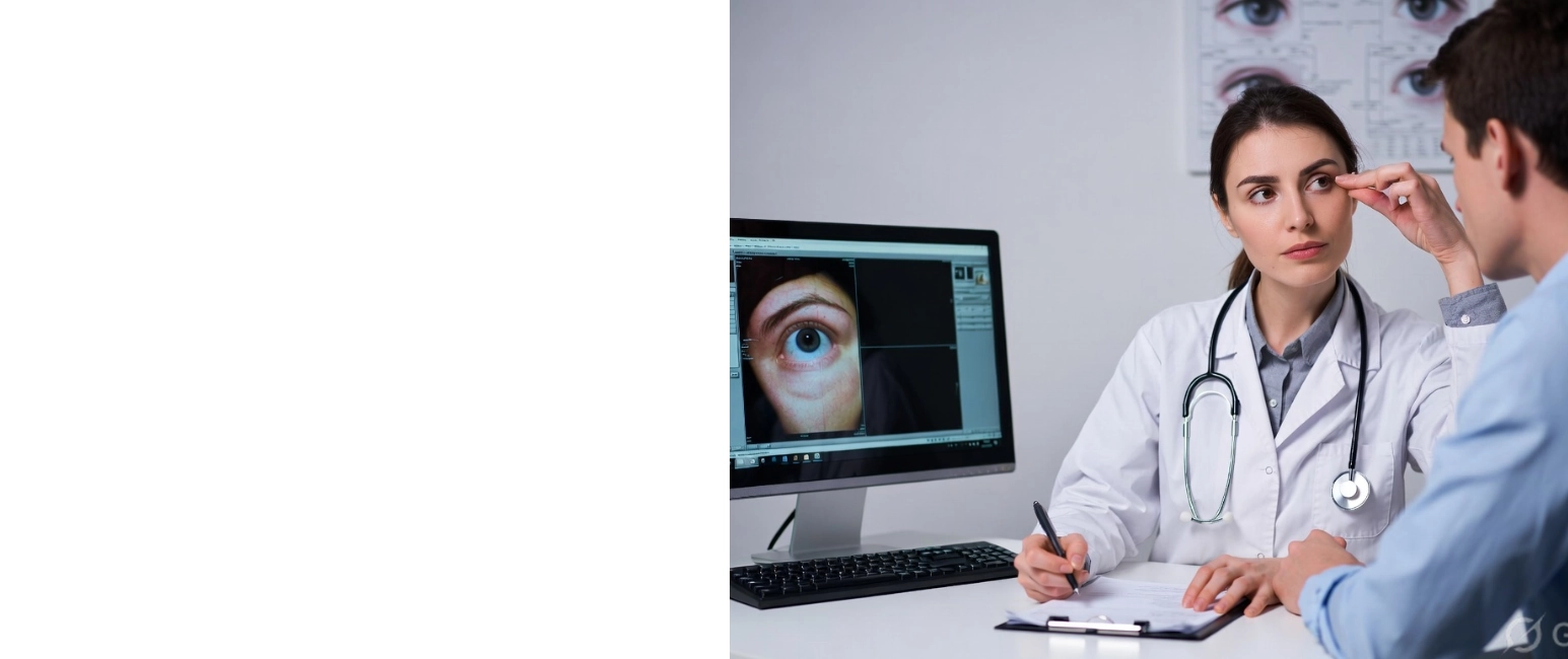 Doctor examining patient eye for chalazion and eyelid swelling during consultation