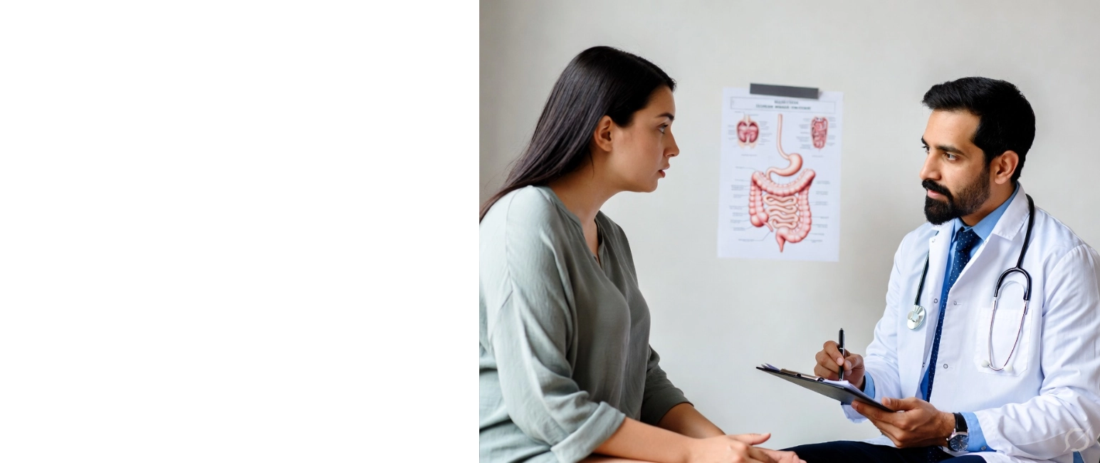 Doctor consulting patient about irritable bowel syndrome symptoms and digestive health