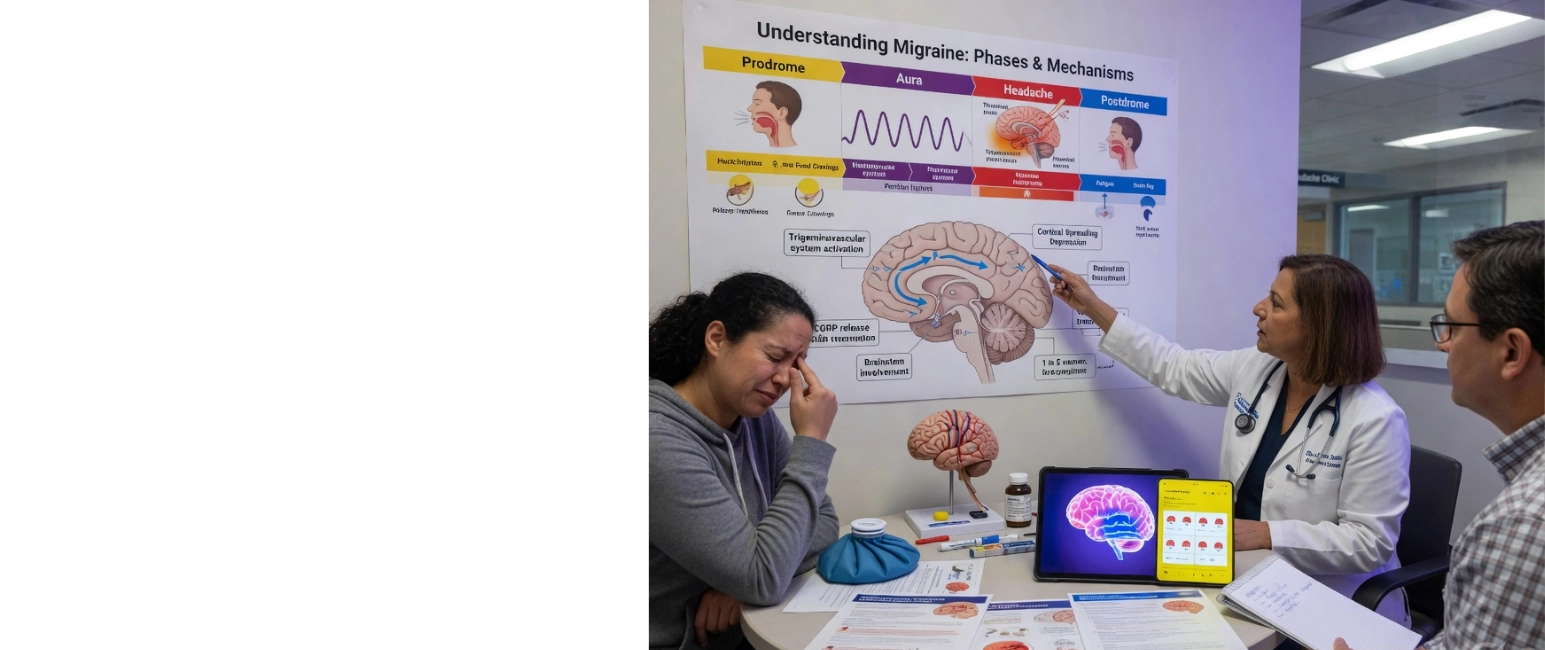Doctor explaining migraine phases and brain mechanisms to patient during consultation