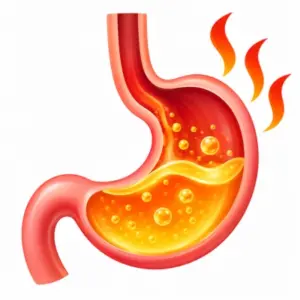 Acidity disease icon showing a stomach filled with gastric acid and heat symbols
