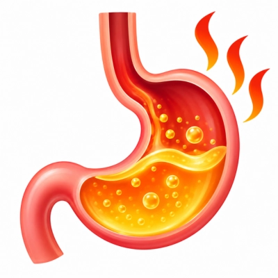 Acidity disease icon showing a stomach filled with gastric acid and heat symbols