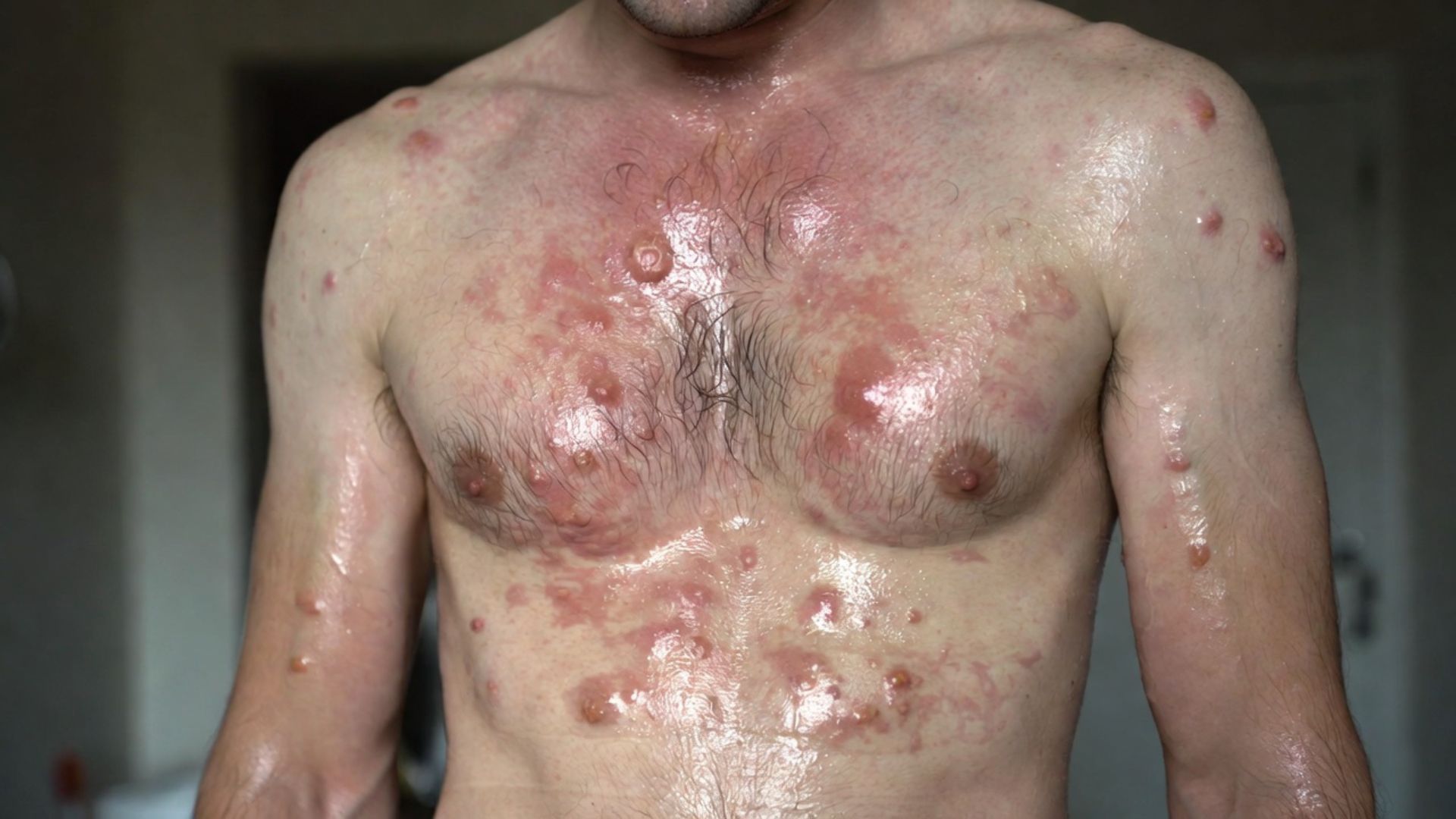 lesions of hives with redness, itching, burning, sweating