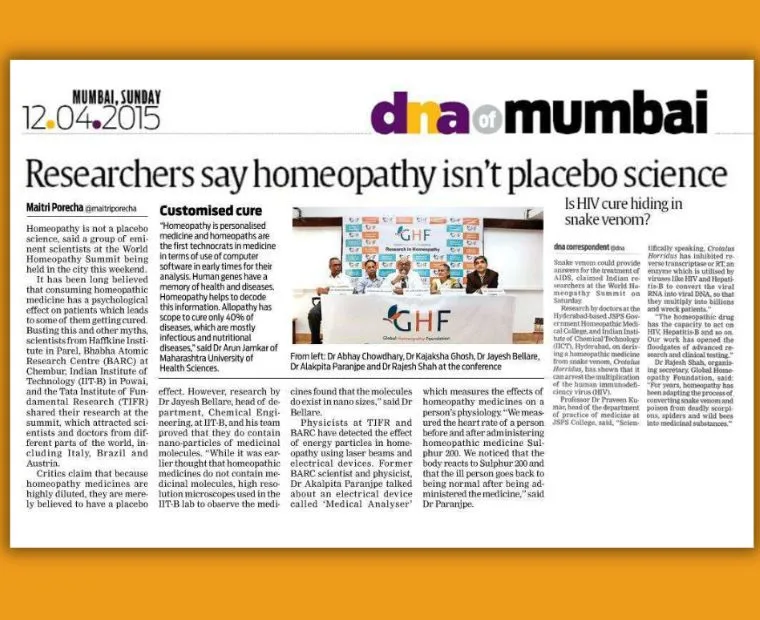 DNA of Mumbai newspaper article about homeopathy research conference discussing personalised treatment and scientific viewpoints.