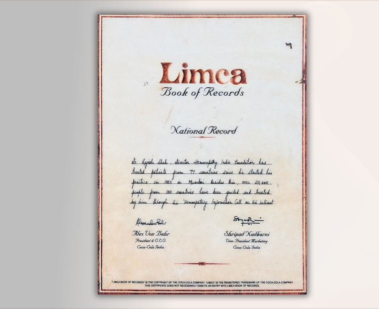 Limca Book of Records 2002 Dr Rajesh Shah Homeopathy for treating patients from highest number of countries- Life Force