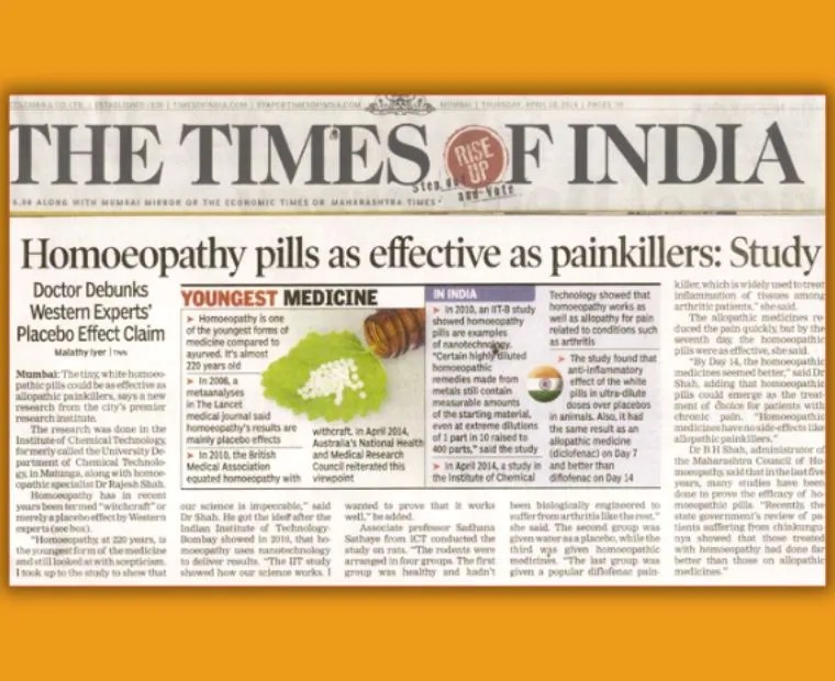 Times of India article about a study comparing homeopathy pills with painkillers and research findings.