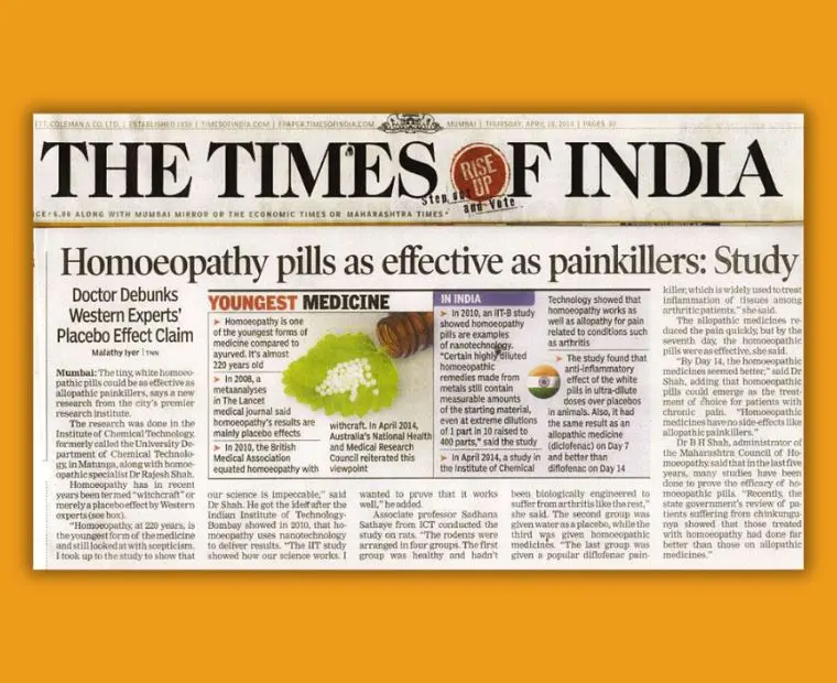 Times of India article on homeopathy study with Dr Rajesh Shah at ICT Mumbai