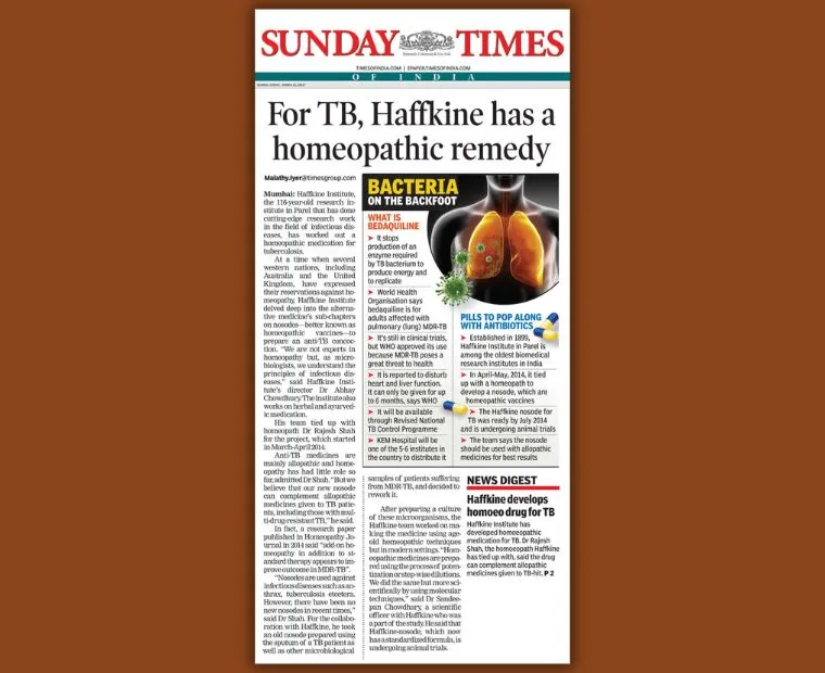 Sunday Times of India article on Haffkine Institute TB homeopathic research with Dr Rajesh Shah
