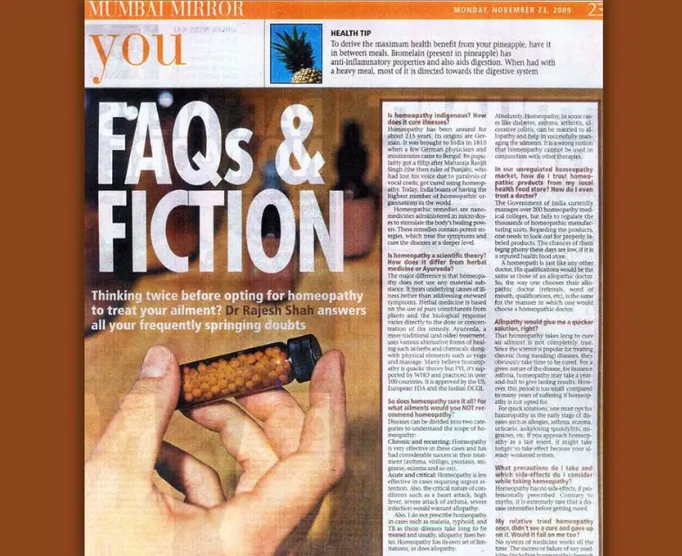 Mumbai Mirror article Homeopathy FAQ and Fiction featuring Dr Rajesh Shah