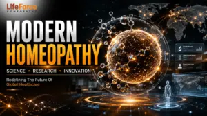Modern homeopathy concept with digital globe representing science, research, and innovation in global healthcare by Life Force Homeopathy