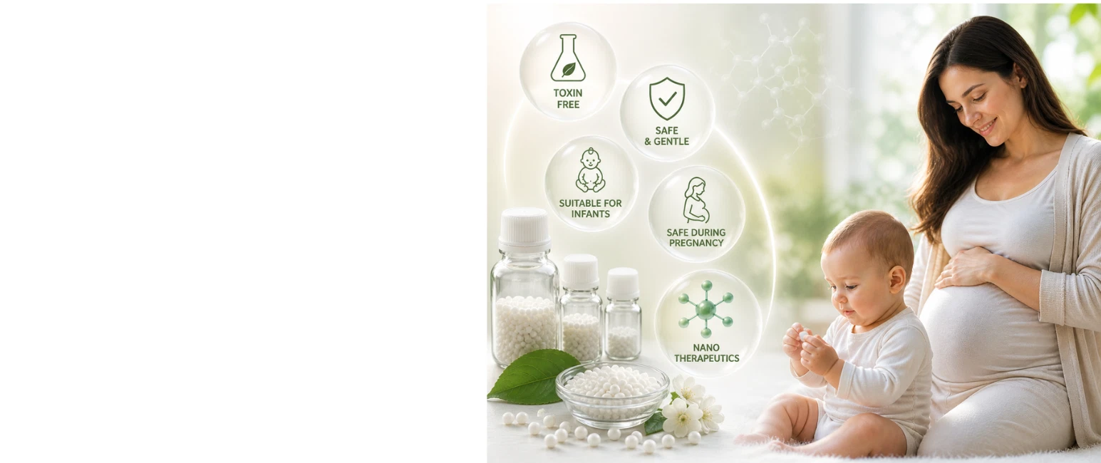 Mother and baby with homeopathic medicines highlighting safe and gentle care