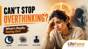 Woman feeling stressed and anxious with hand on forehead, symbolizing overthinking, with glowing brain illustration and mental health related icons like no sleep, racing thoughts, and fear and worry