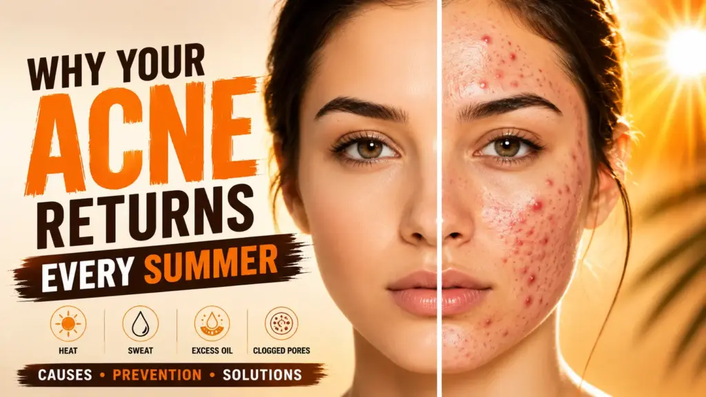 Summer acne breakouts on a woman’s face showing heat, sweat, excess oil, and clogged pores as common triggers.