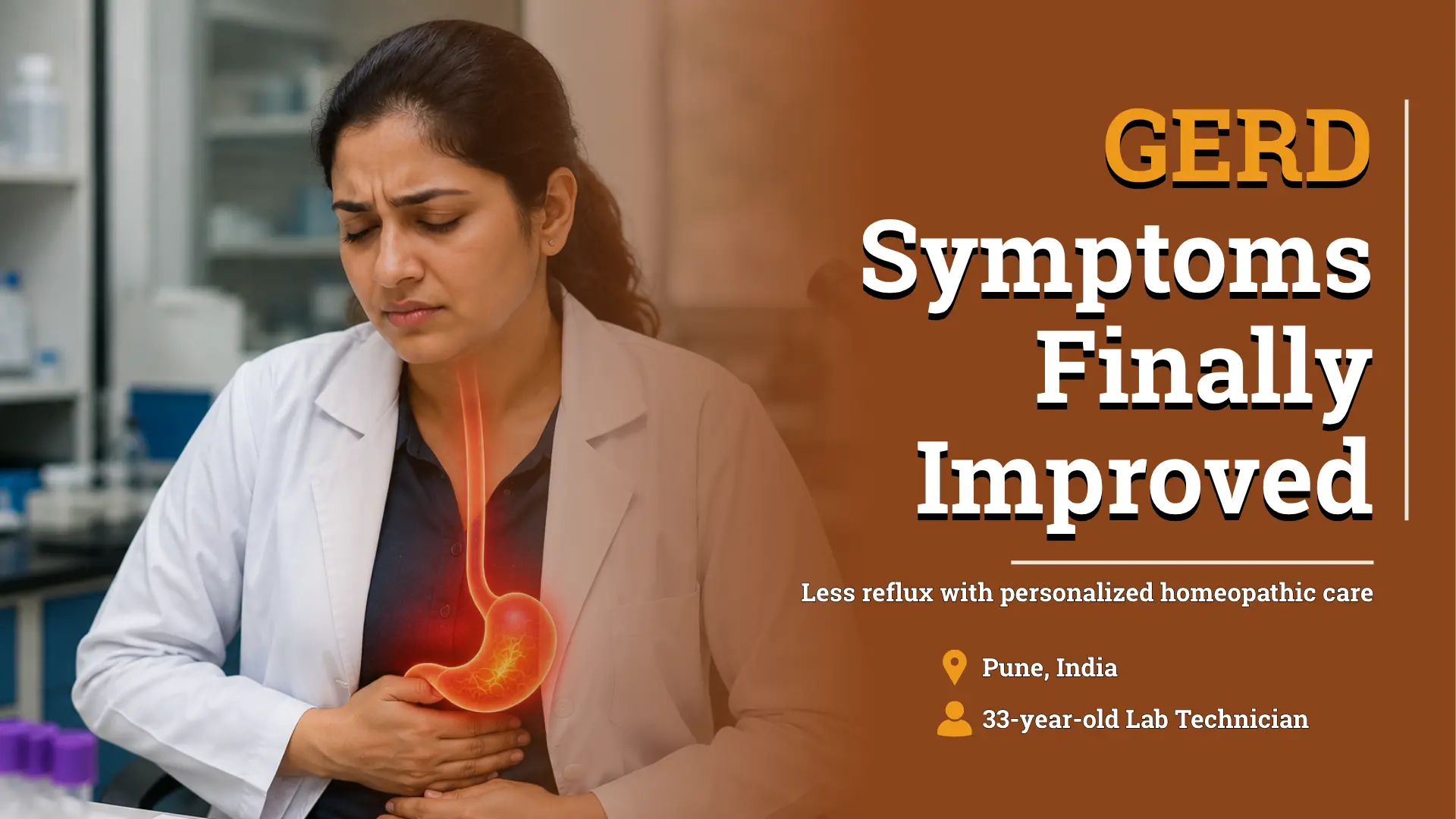 Woman experiencing GERD symptoms with an illustration of acid reflux in the stomach, highlighting successful improvement through personalized homeopathic treatment. Case study of a 33-year-old lab technician from Pune, India.
