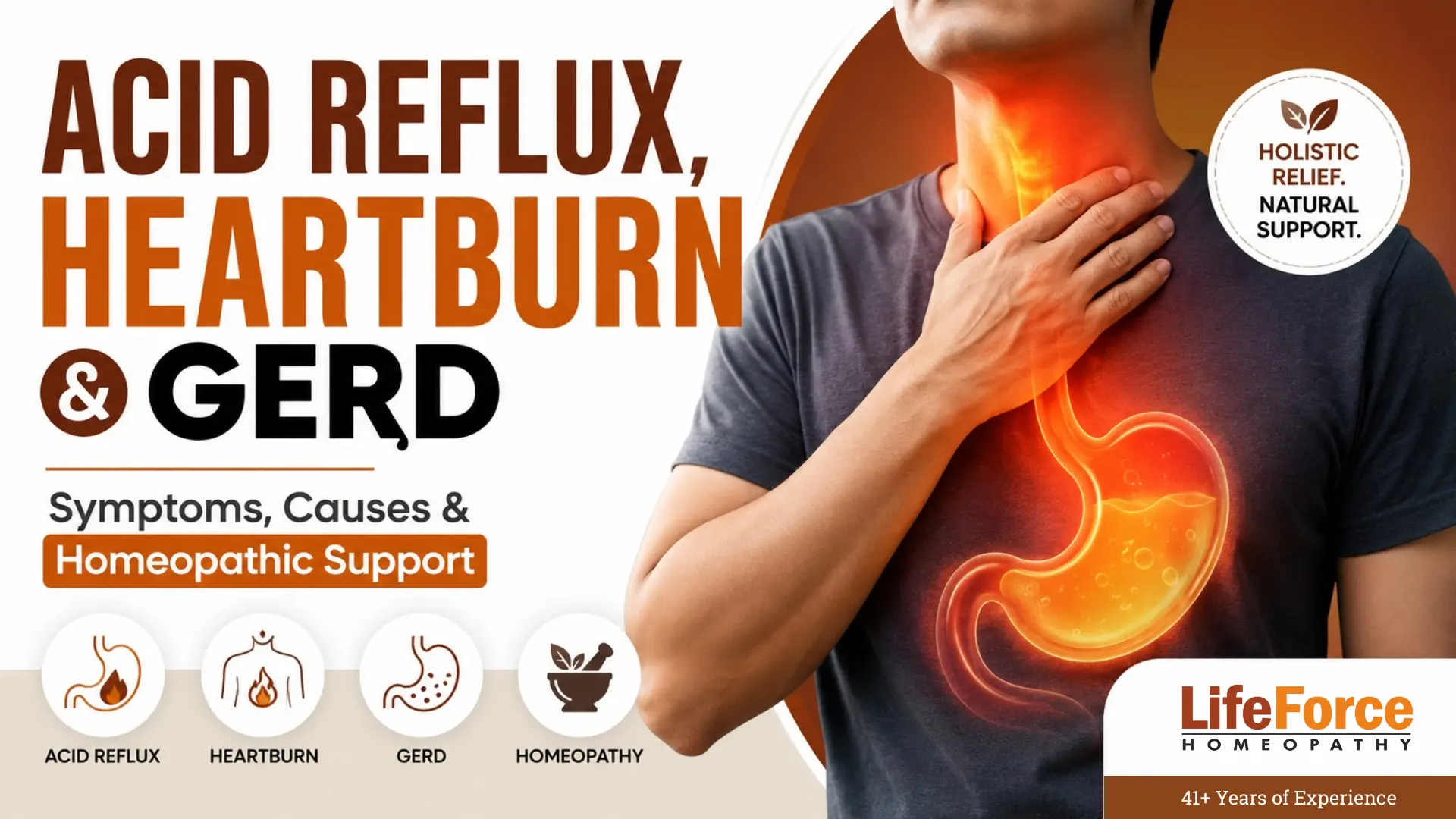 A man experiencing acid reflux and heartburn with a glowing illustration of the esophagus and stomach, alongside the text "Acid Reflux, Heartburn & GERD: Symptoms, Causes & Homeopathic Support."
