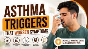 Common asthma triggers that worsen symptoms, including dust, pollution, odors, stress, and weather changes