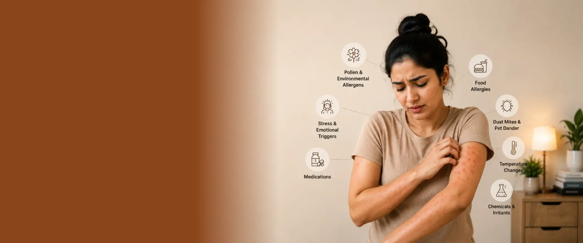 Young woman scratching red urticaria rashes on her arm with visual icons showing common triggers such as food allergies, stress, pollen, medications, dust mites, temperature changes, and chemicals.