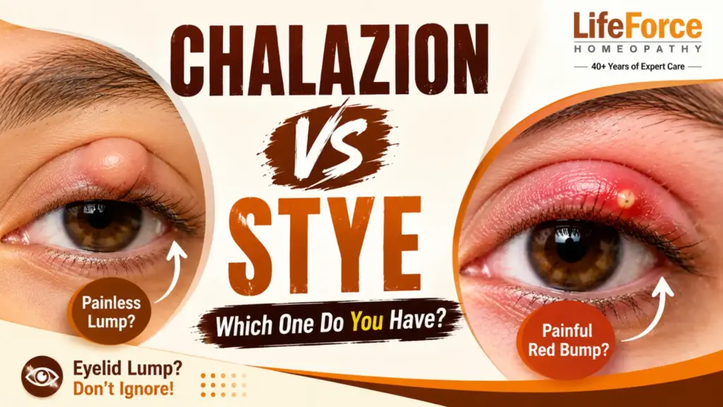 Chalazion vs stye comparison showing the difference between a painless eyelid lump and a painful infected eyelid bump with close-up eye images