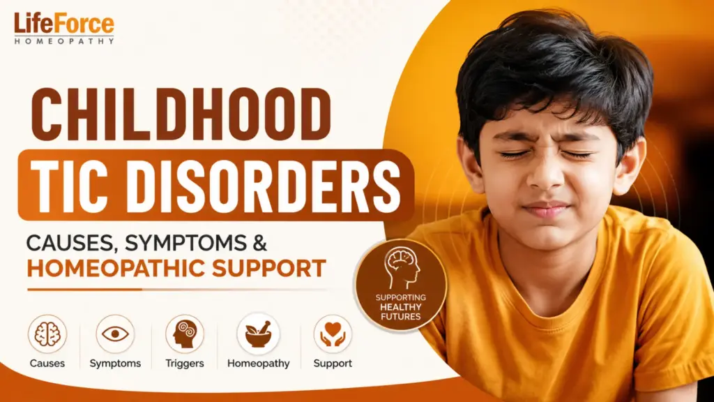 A young boy with his eyes tightly closed, showing signs of a facial motor tic, alongside bold text reading "Childhood Tic Disorders: Causes, Symptoms & Homeopathic Support" in Life Force Homeopathy brand colors on a modern YouTube thumbnail.