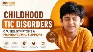 A young boy with his eyes tightly closed, showing signs of a facial motor tic, alongside bold text reading "Childhood Tic Disorders: Causes, Symptoms & Homeopathic Support" in Life Force Homeopathy brand colors on a modern YouTube thumbnail.