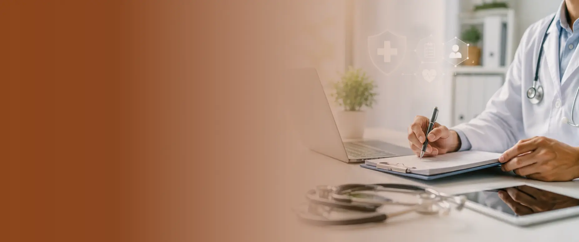 Doctor reviewing medical documents on a laptop in a modern healthcare office, representing trusted medical information and responsible healthcare guidance.