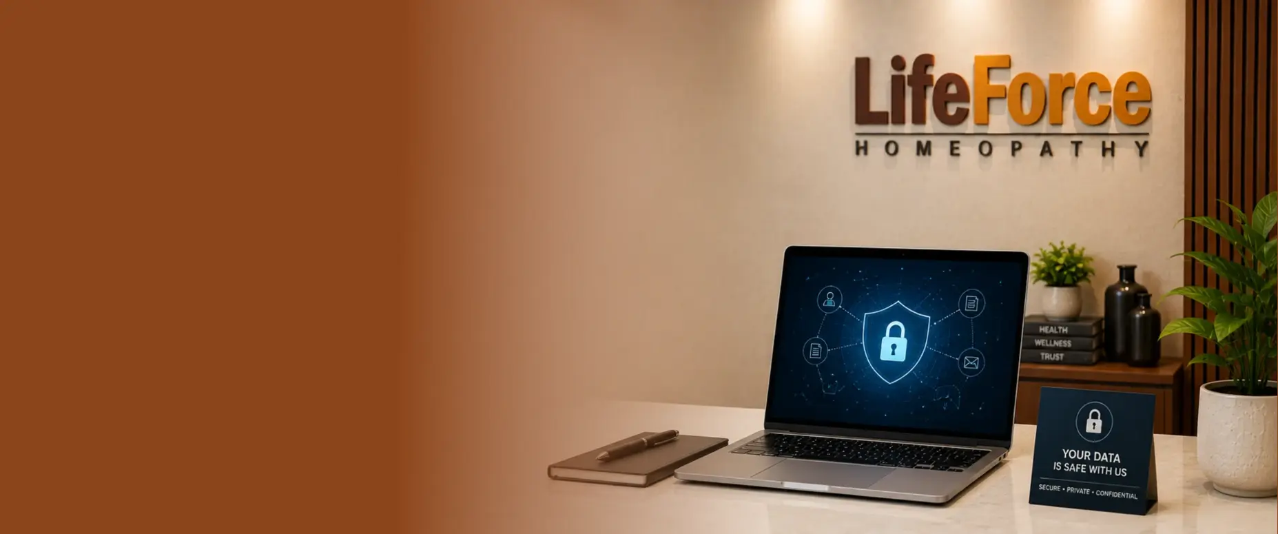 Modern healthcare workspace with a laptop displaying a digital security shield, privacy-themed desk accessories, and the Life Force Homeopathy wall logo representing patient data protection and confidentiality.