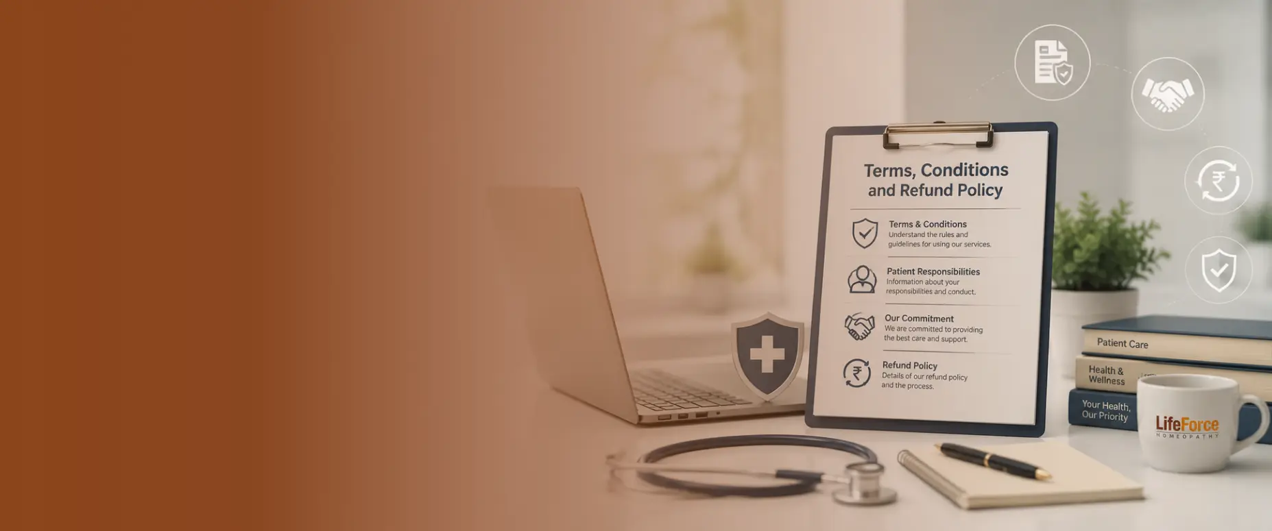 Modern healthcare workspace with a laptop, policy clipboard, medical accessories, and security icons representing the Terms, Conditions, and Refund Policy at Life Force Homeopathy.