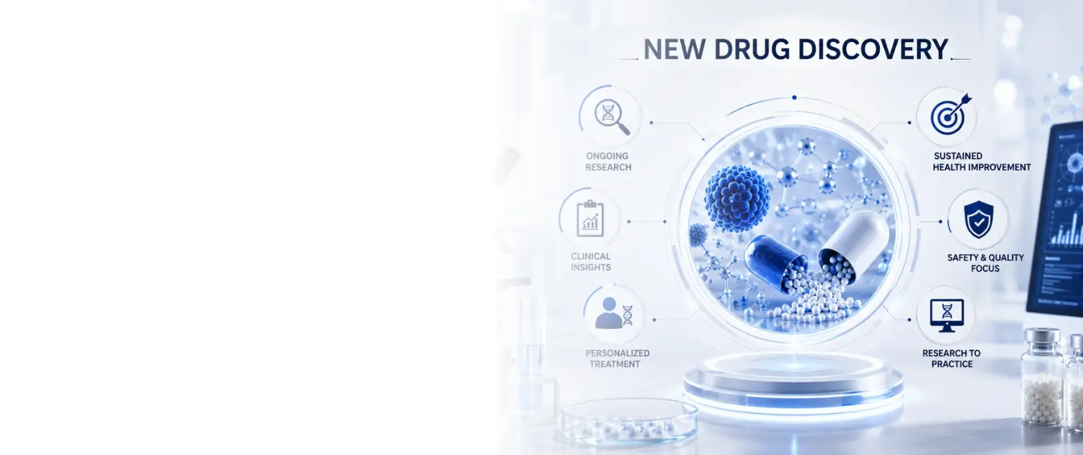 Modern scientific illustration of new homeopathic drug discovery featuring nanoparticles, molecular structures, laboratory research, personalized medicine, and evidence based pharmaceutical development.