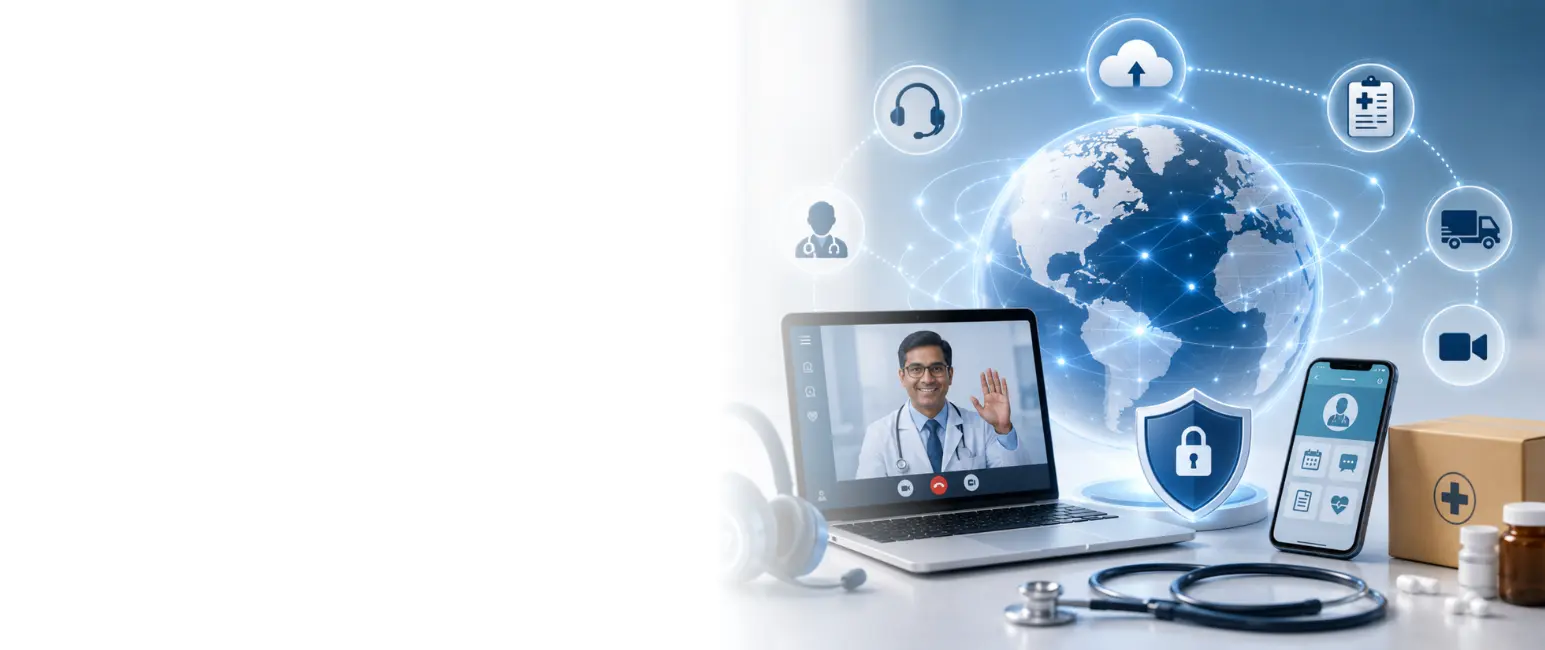 Modern digital healthcare illustration showing secure online homeopathy consultations, global patient support, international medicine delivery, paperless medical system, and 24/7 telemedicine services.