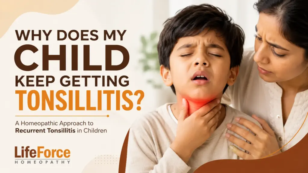 Child with recurrent tonsillitis holding his sore throat while being comforted by his mother, representing a homeopathic approach to recurrent tonsillitis in children.