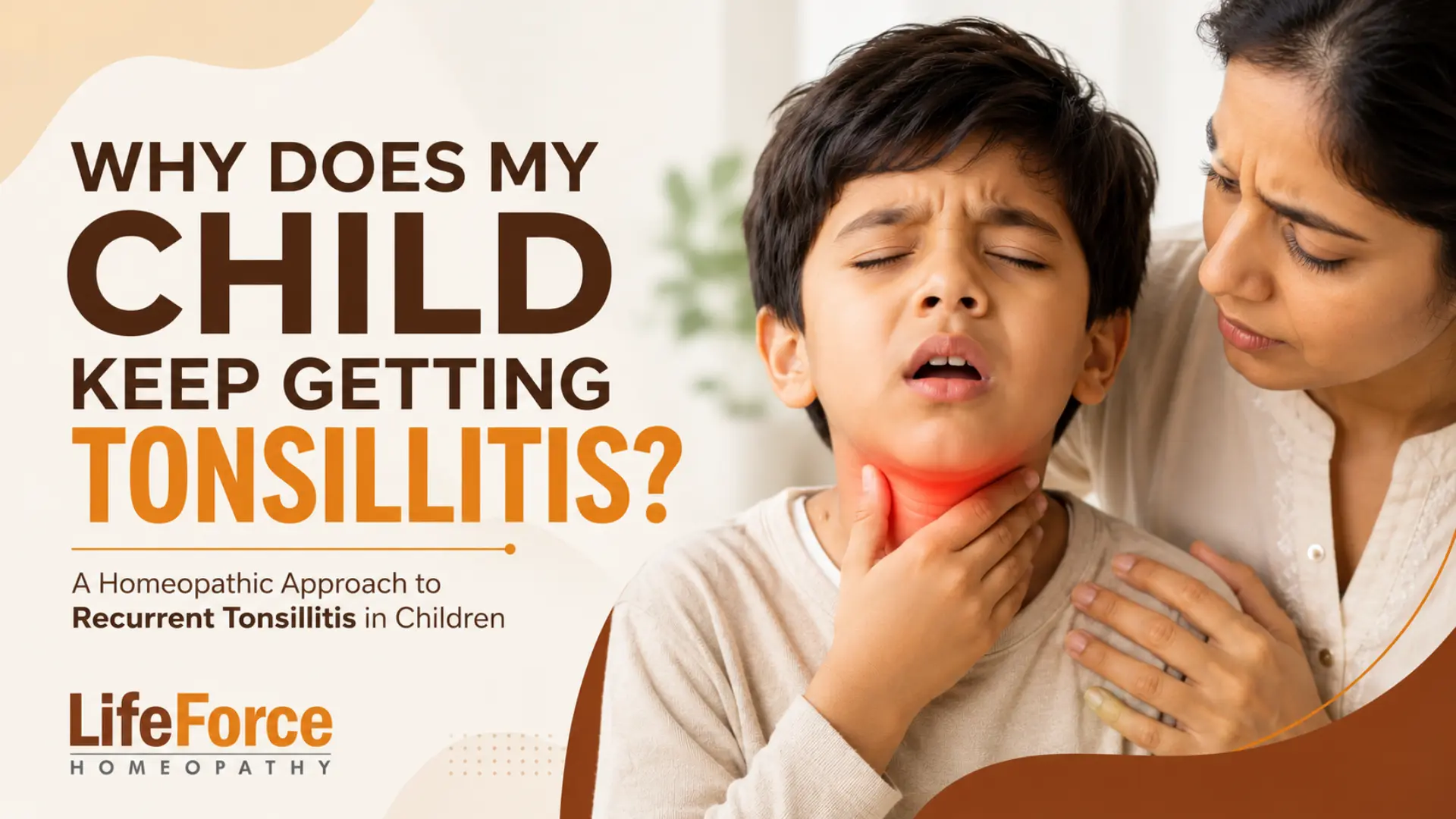 Child with recurrent tonsillitis holding his sore throat while being comforted by his mother, representing a homeopathic approach to recurrent tonsillitis in children.