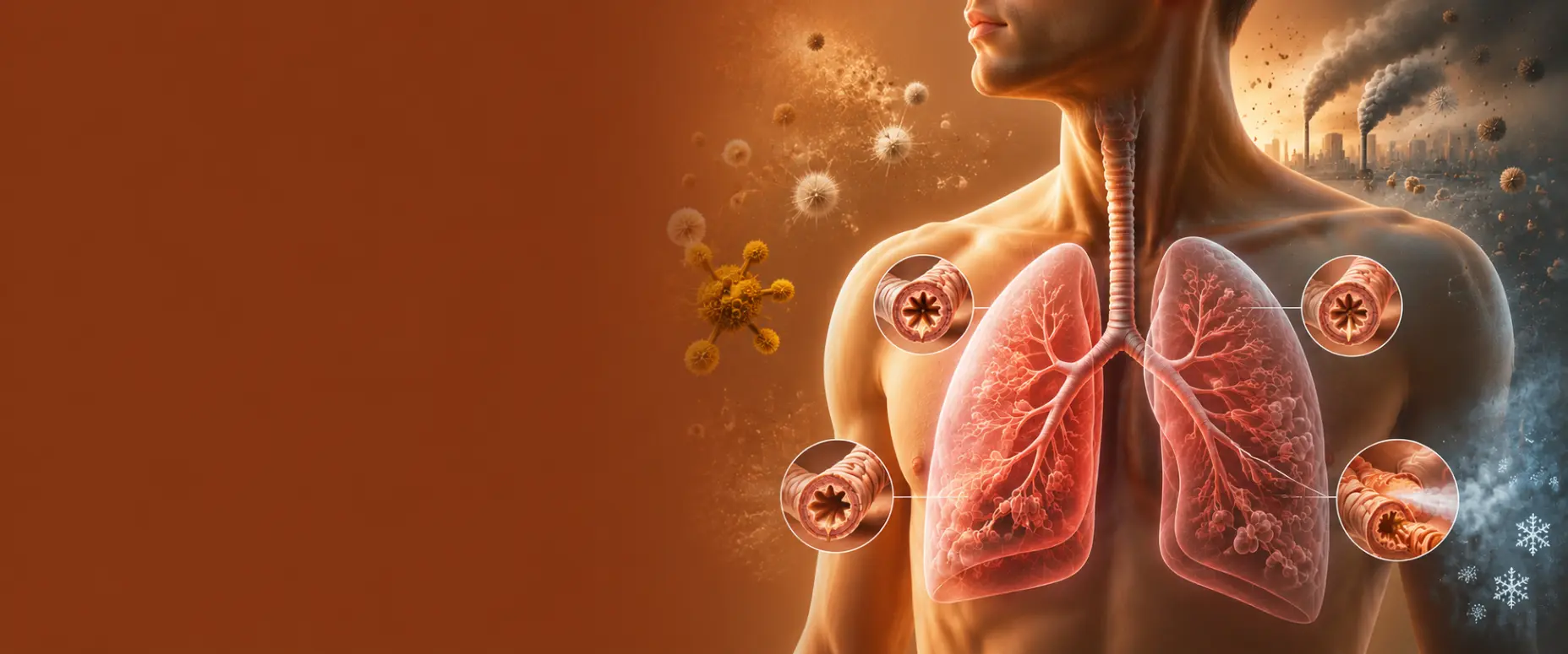 Causes of asthma showing lung airways affected by dust, pollen, smoke and air pollution