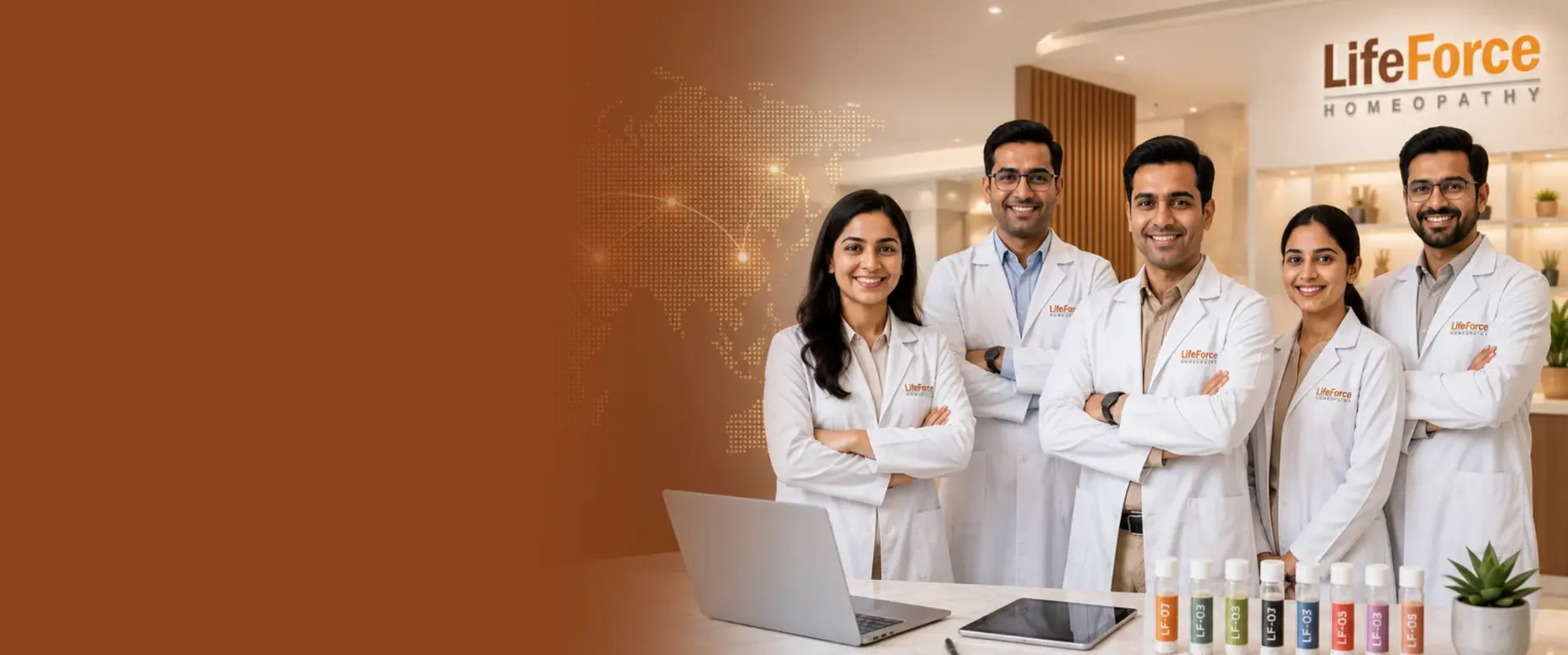 Life Force Homeopathy hero banner featuring a team of experienced doctors, global treatment network, and modern clinic for online and in-person homeopathic consultation worldwide.