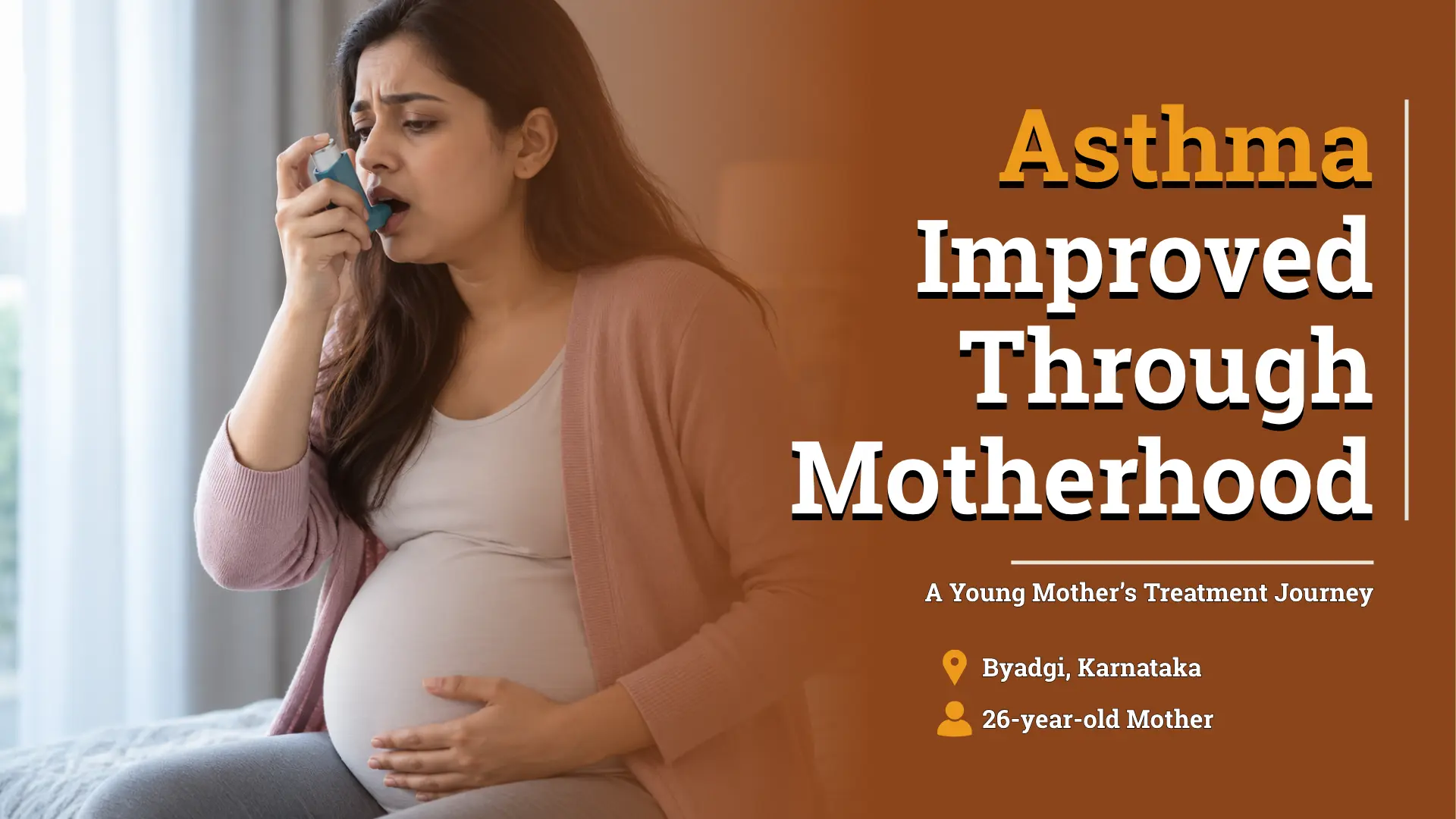 Pregnant 26-year-old woman using an inhaler during an asthma episode, representing a real bronchial asthma case study and treatment journey.